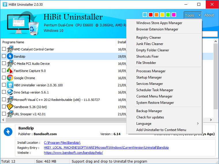 界面示例：HiBit Uninstaller 2.0.30 主界面与工具菜单
